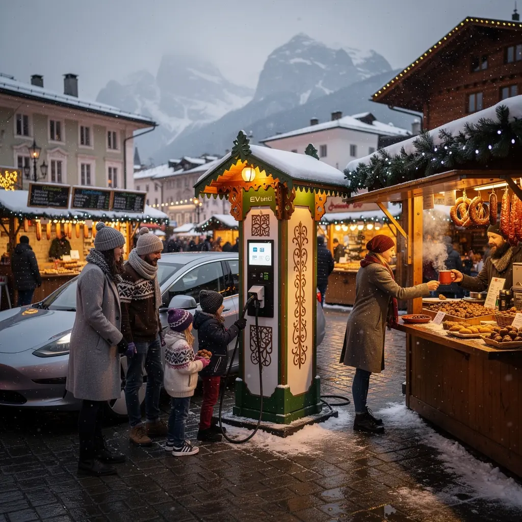 Touristen laden ihre Elektroautos an einer modernen Ladestation, während sie die kulturellen Sehenswürdigkeiten erkunden.