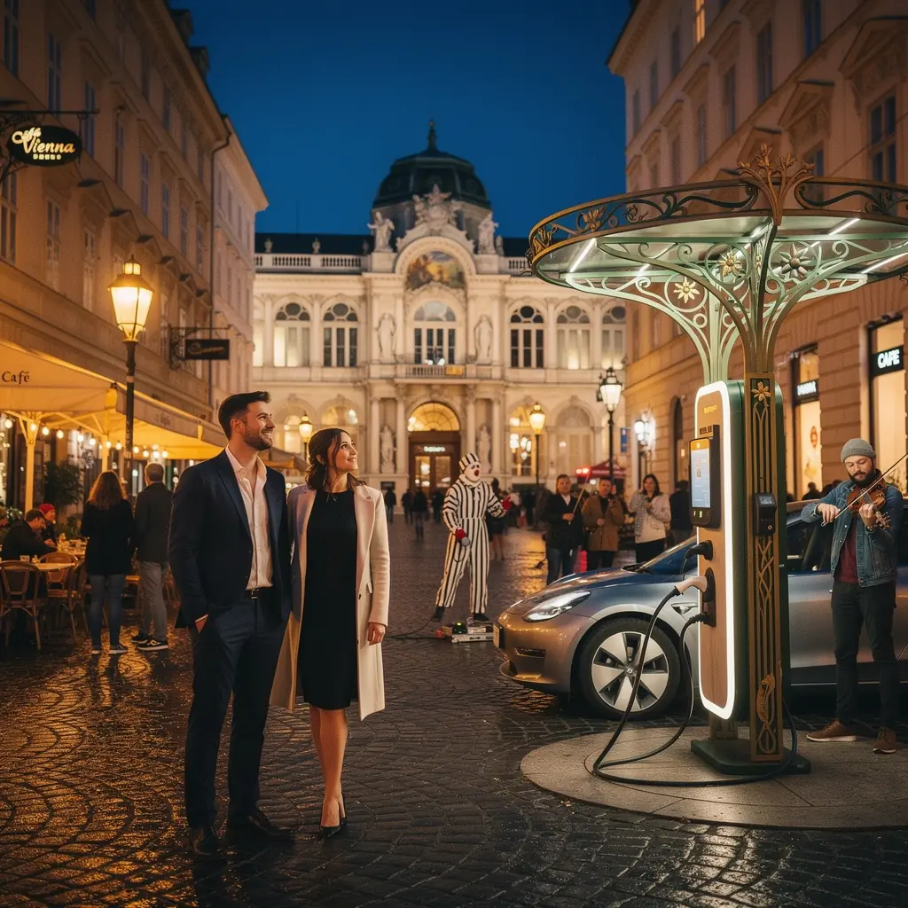 Touristen laden ihre Elektrofahrzeuge in einem charmanten Stadtzentrum mit historischen Gebäuden auf.