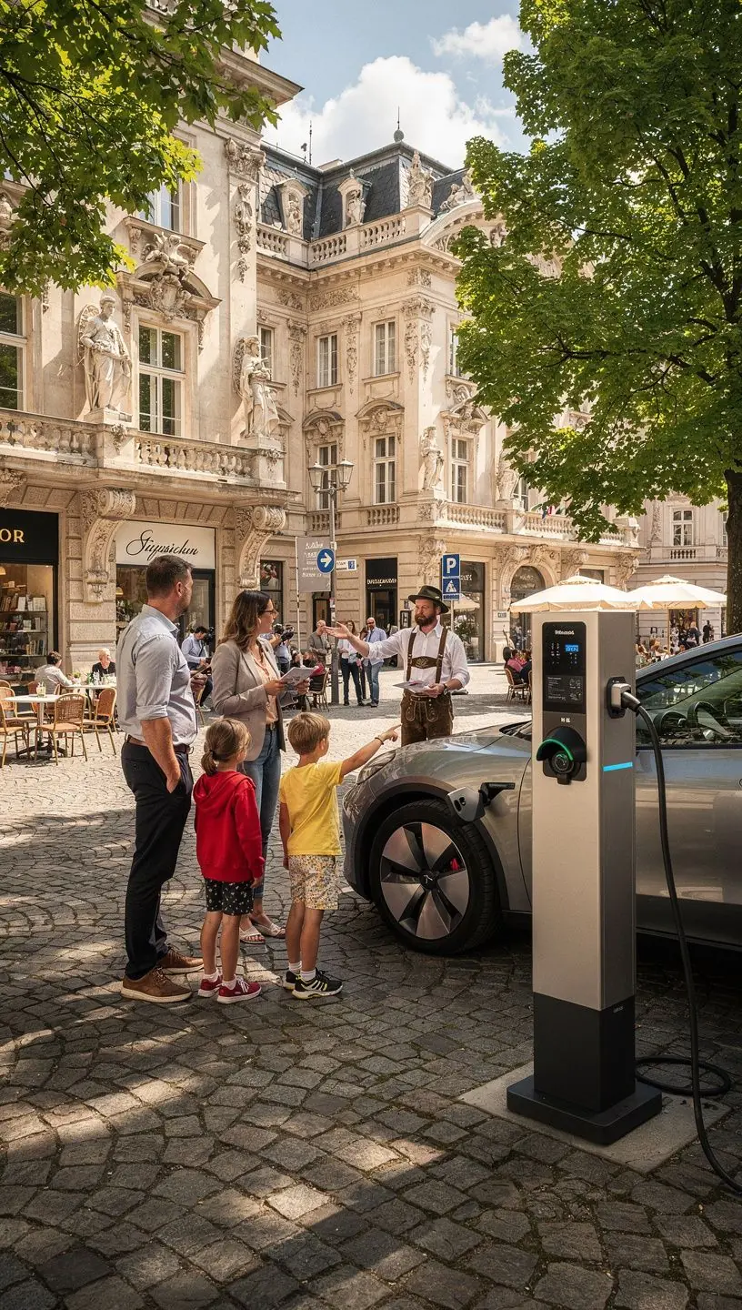 Ladestation für Elektrofahrzeuge in einer historischen Stadt, umgeben von denkmalgeschützten Gebäuden.
