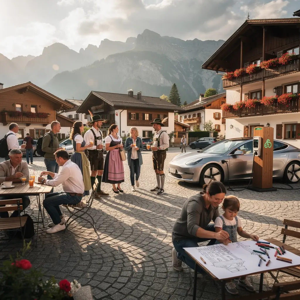 Eine historische Elektroauto-Ladestation vor einer alten Kirche in einer malerischen Stadt.