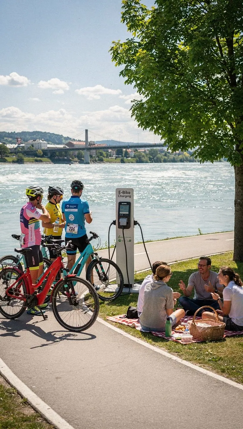 Eine moderne Ladestation für Elektroautos, umgeben von Denkmälern und schönen Fußgängerzonen.