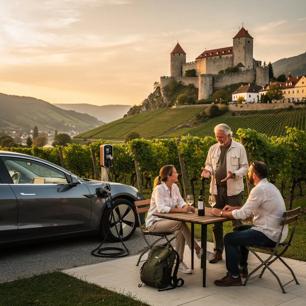 Touristen, die an einer modernen Ladestation fГјr Elektroautos in einer malerischen Altstadt verweilen.
