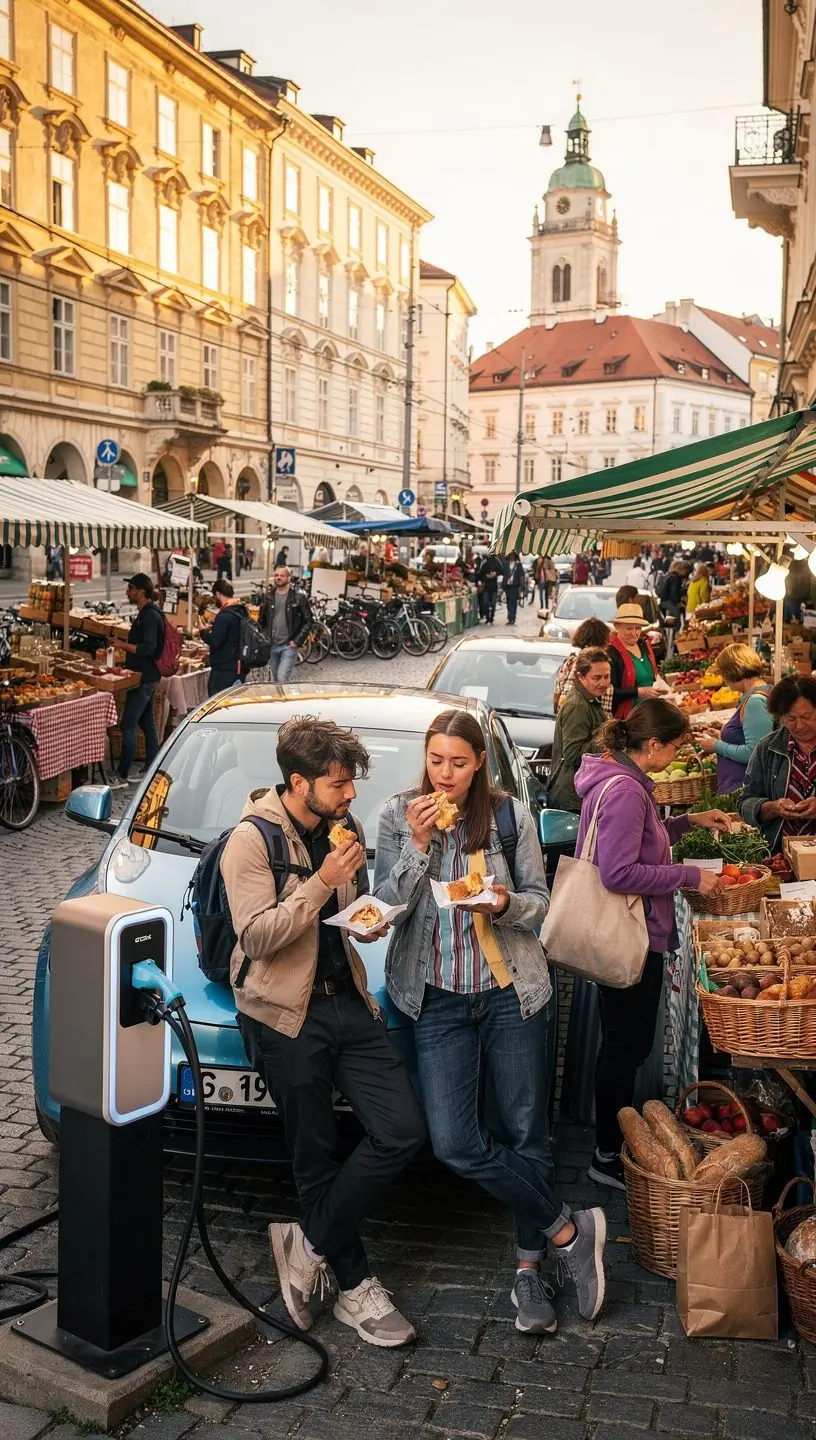 Elektrofahrzeug, das an einer charmanten Ladestation in der NГ¤he eines historischen Platzes aufgeladen wird.