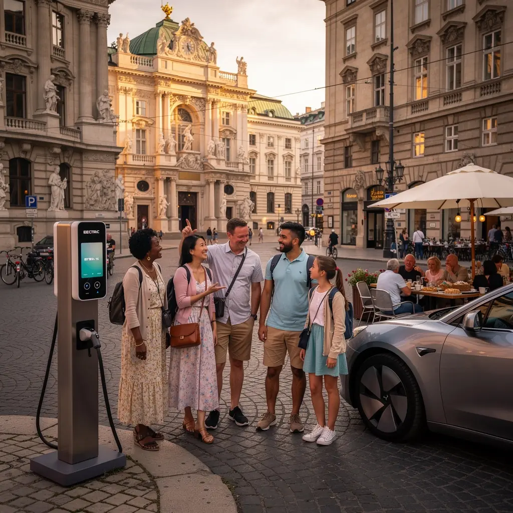 Blick auf eine energieeffiziente Ladestation in einer FuГџgГ¤ngerzone, umgeben von historischen SehenswГјrdigkeiten.