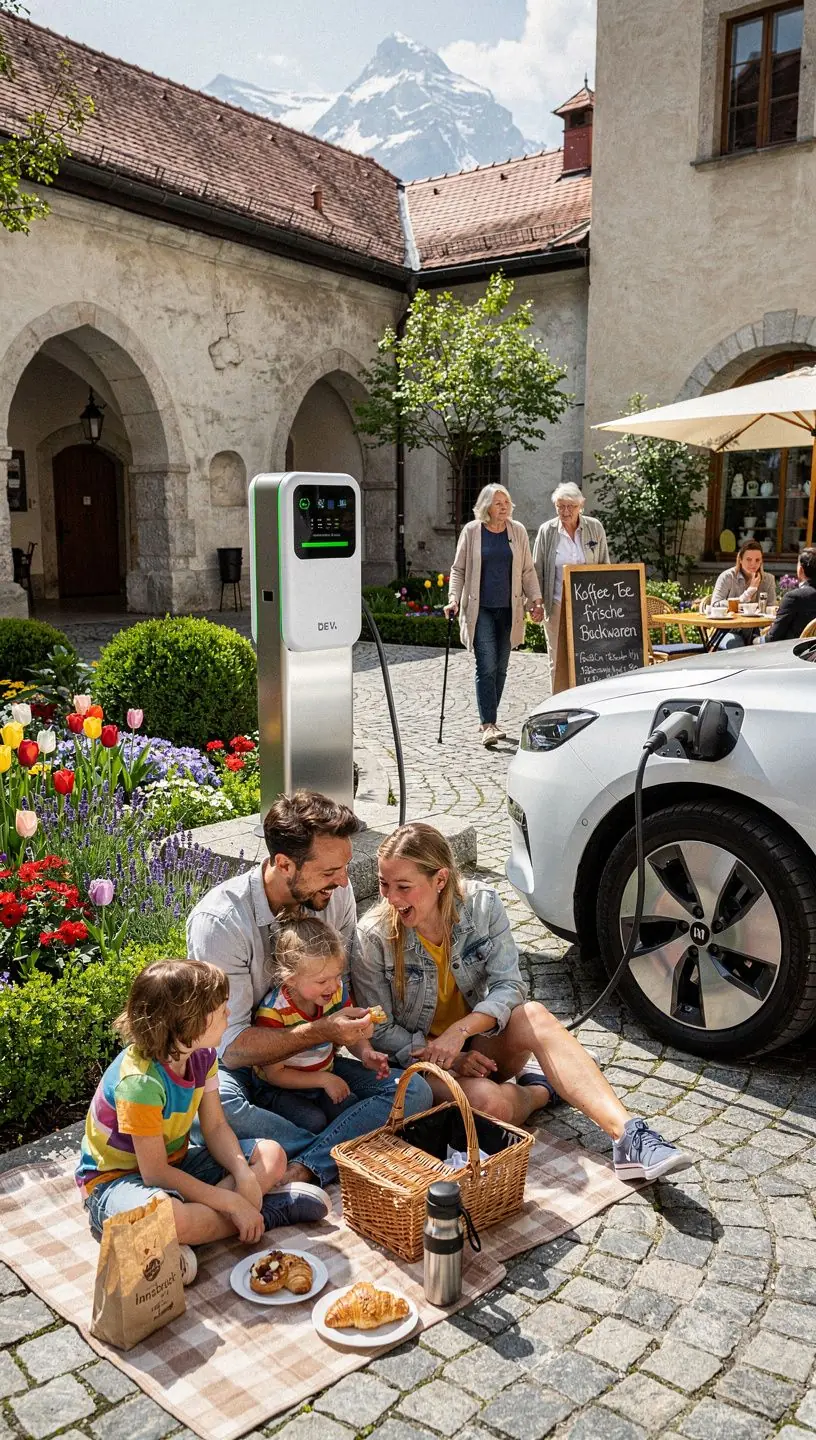 Blick auf eine belebte Straße mit Ladestationen für Elektrofahrzeuge und historischen Denkmälern.