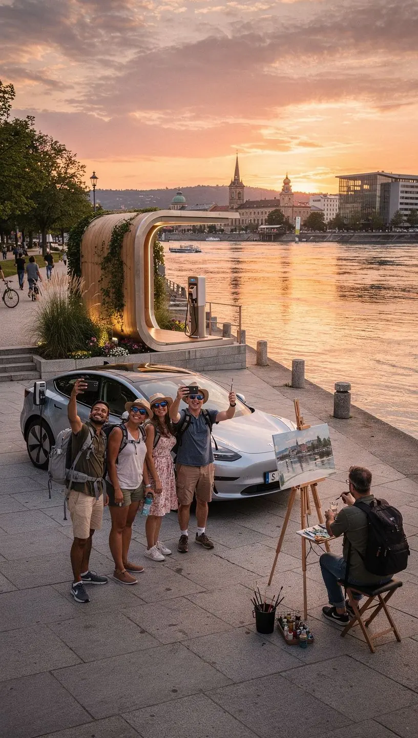 Besucher der Stadt entdecken umweltfreundliche Ladepunkte in einer malerischen Umgebung.