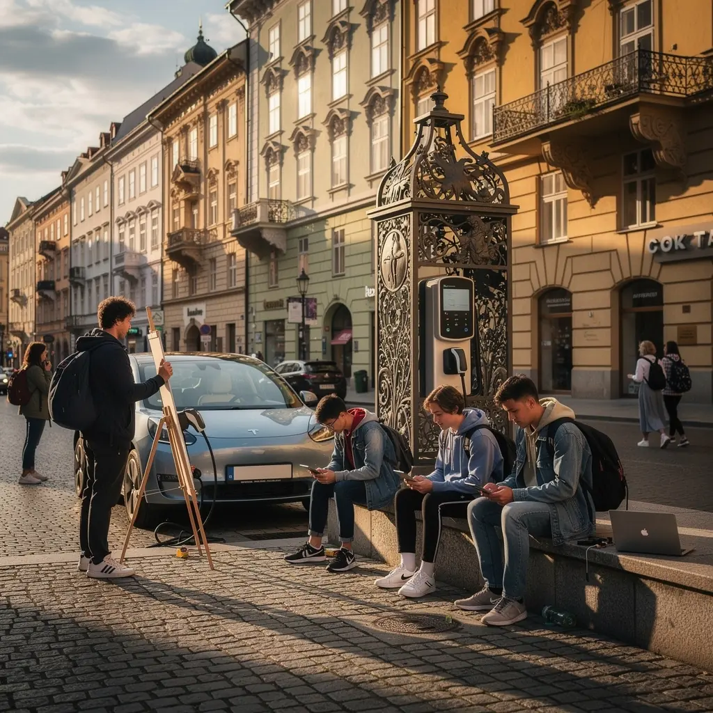 Landschaft mit historischen Stätten und gut platzierten Ladestationen für Elektroautos.