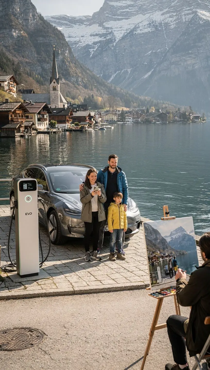 Ladepunkt fГјr Elektrofahrzeuge in einer historischen Stadtumgebung mit denkmalgeschГјtzten GebГ¤uden.